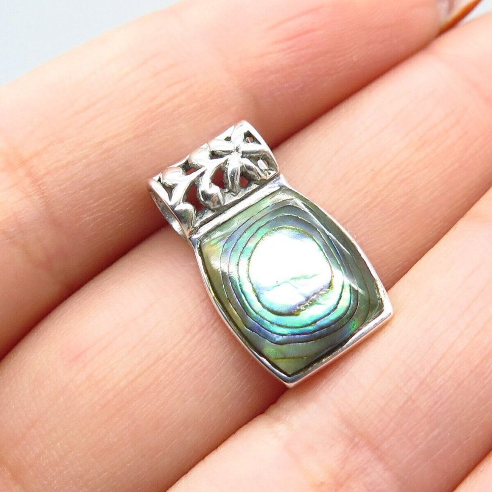 925 Sterling Silver Vintage Real Abalone Shell Ornate Slide Pendant